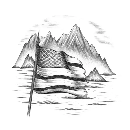 American Flag With Mountains And Beach