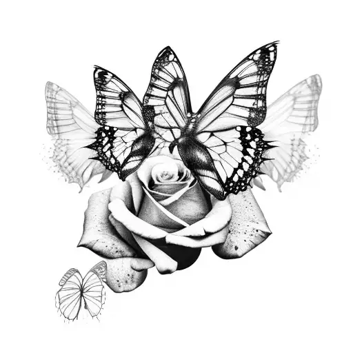 A Realistic Black And Grey Roses With 3D Shaded Butterfly Wings