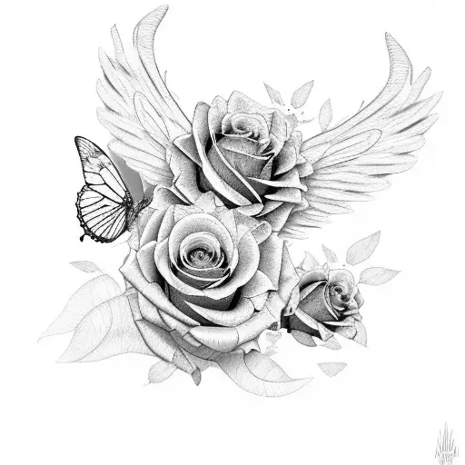A Realistic Black And Grey Roses With 3D Shaded Butterfly Wings