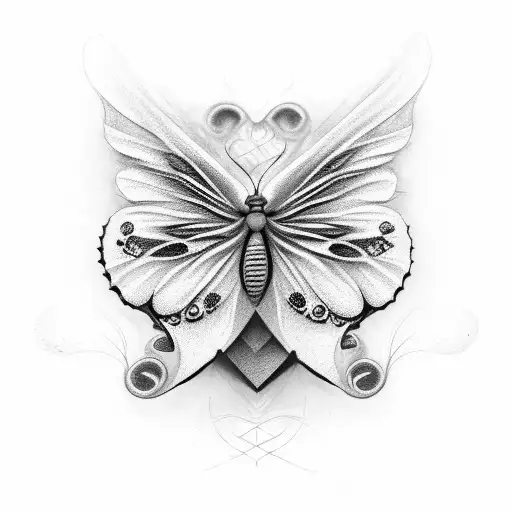 A Realistic Black And Grey 3D Shaded Butterflies With Cross And Heart
