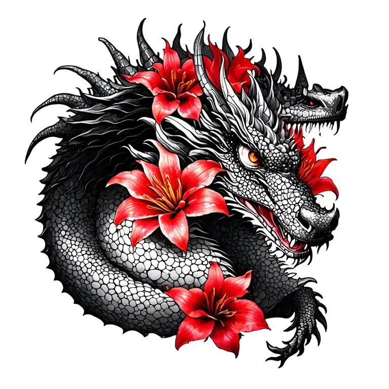 Dragon With Red Flowers Mixed With Lilies