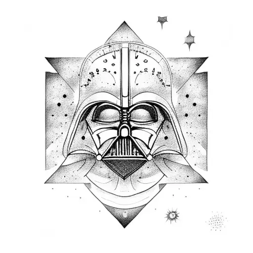 A Dotwork Tattoo Of Darth Vader Playing A Guitar Under A Starry Night Sky