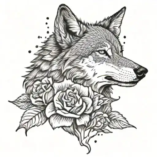 A Dotwork Tattoo Of A Wolf Howling With A Single Rose Blooming Underneath