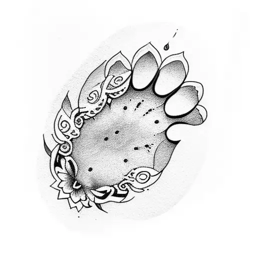 A Dotwork Tattoo Of A Cat's Paw Print With A Peaceful Lotus Flower Incorporated Within The Design