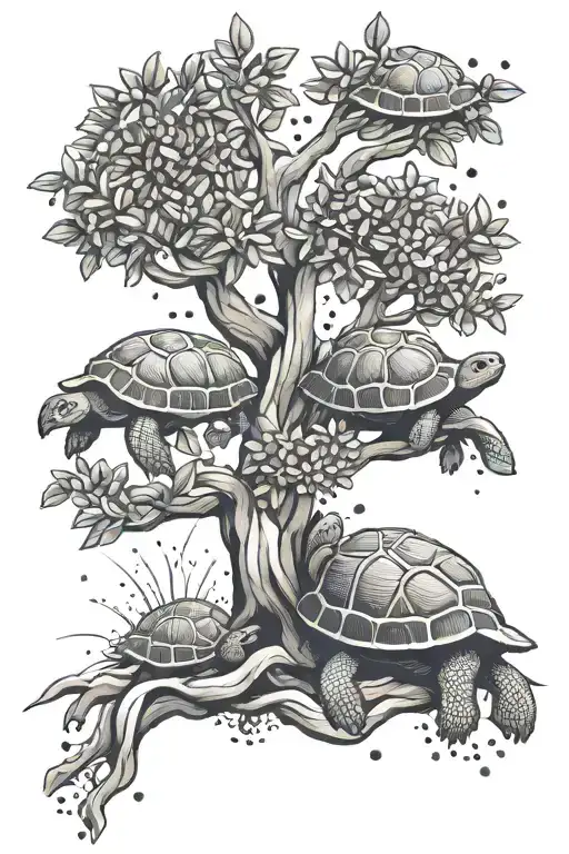 A Geometric Olive Tree Design Intertwined With A School Of Dotwork Turtles