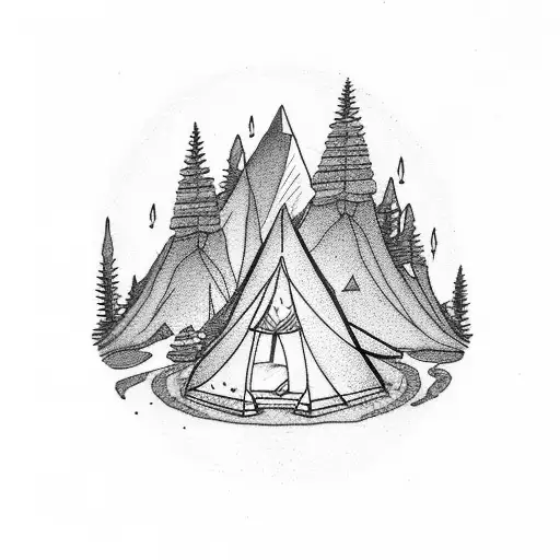 Outlines Of Tent With Mountain And Camp Fire