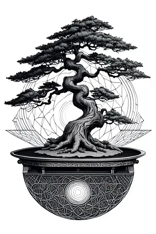 Sacred Geometry With Bonsai Tree In Woodcut Style