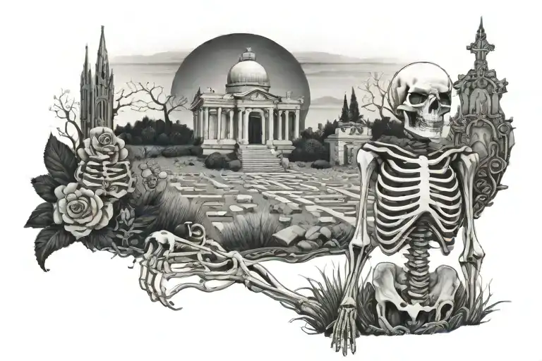 Skeleton With Cemetery In Background Black And White