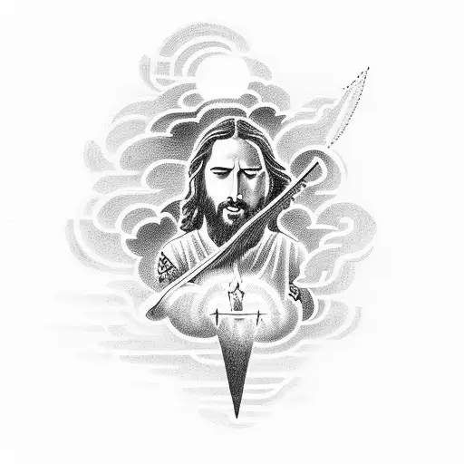 A Heavenly Scene With Jesus Playing A Guitar Among Clouds And Lightning