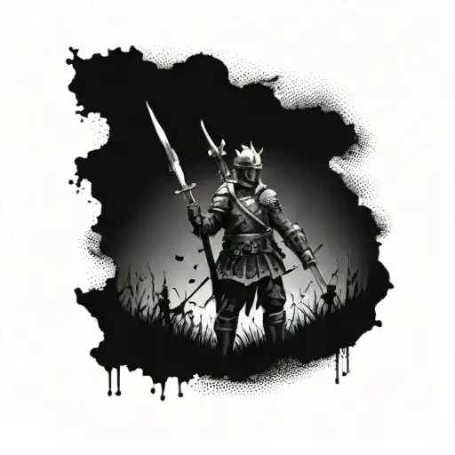 A Battlefield Scene With A Warrior Standing Tall And Protecting His Loved Ones With A Haz De Luz