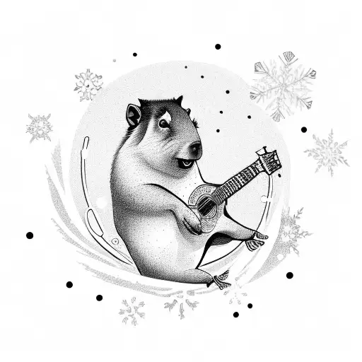 A Whimsical Scene Of A Capybara Playing A Guitar Surrounded By Musical Notes And Snowflakes