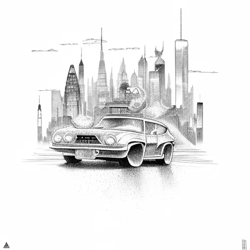 A Vintage Car Speeding Through A City Skyline