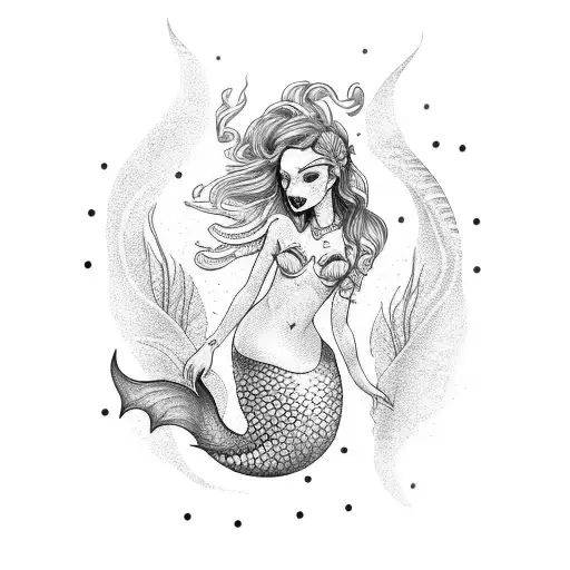 A Dotwork Mermaid With Your Girlfriend's Face And Pirate-themed Elements
