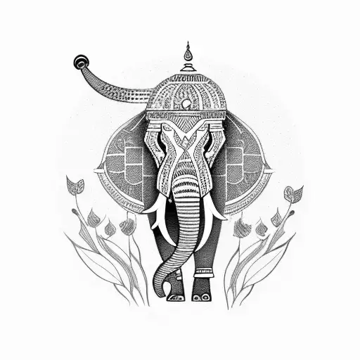 Indian Elephant With Flowers On His Neck