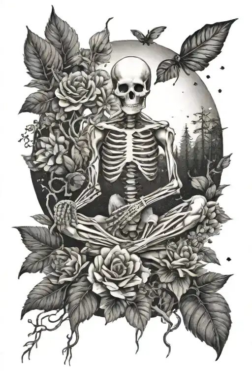 Skeleton In A Yoga Pose Surrounded By Trees Flowers Moon