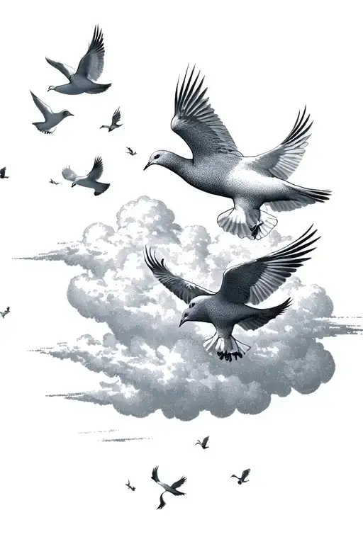 A Group Of Doves Flying Out Of A Cloud Filled Sky
