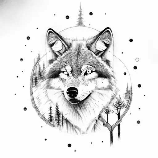 Black And White Wolf In The Forest With Blue Eyes Howling At The Moon