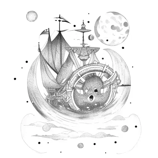 A Ship's Helm Surrounded By Constellations And A Shining Moon