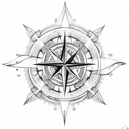 A Compass Rose Surrounded By Intricate Waves And Celestial Objects