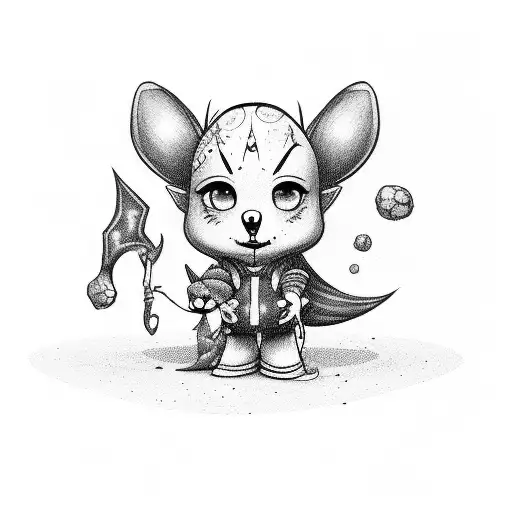 Small Cartoon Character With Big Ears Small Body Big Head Girl Spooky Emo Style Baggy Clothes