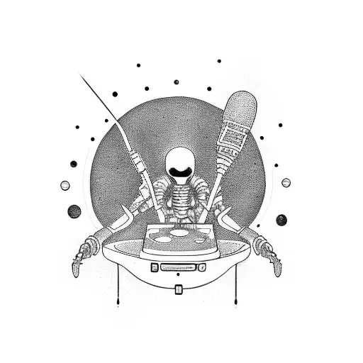 A Tattoo Of An Alien Dj Mixing Music In A Dotwork Style