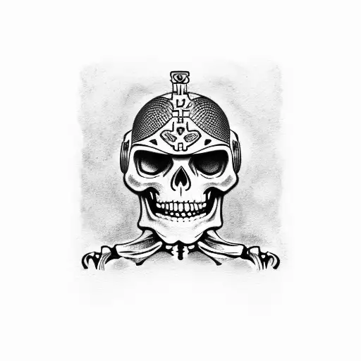 Skeleton Wearing Soldier Helmet And Holding Cards