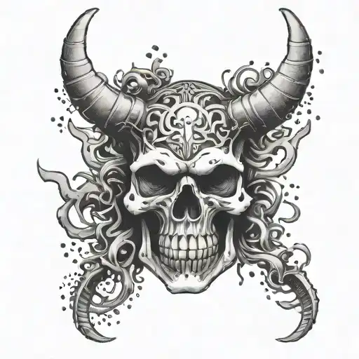 A Skull With Japanese Demon Horns And Bones Intertwined