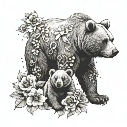 Adult Bear And Baby Bear Realistic With Skulls And Flowers