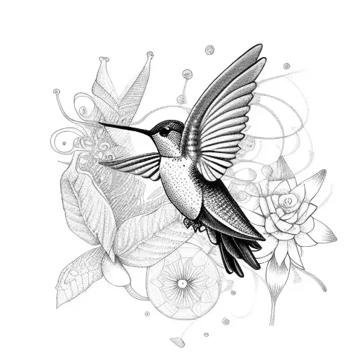 A Mesmerizing Dotwork Tattoo Of A Hummingbird Hovering Over A Field Of Organic Plants And Flowers
