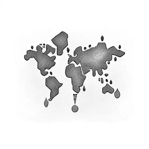 A Dotwork Tattoo Of A World Map With Musical Instruments Scattered Across Different Countries