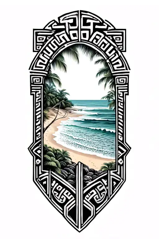 Greek Key Arm Band Worked Into Tribal Tattoo With Beach Scene