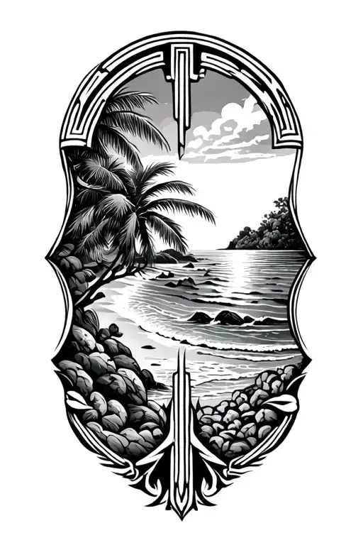 Greek Key Arm Band Worked Into Tribal Tattoo With Beach Scene