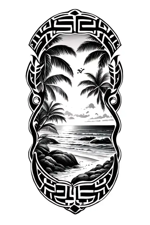 Greek Key Arm Band Worked Into Tribal Tattoo With Beach Scene