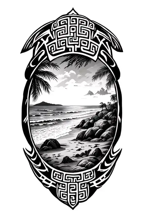 More Symmetrical Greek Key Arm Band Worked Into Tribal Tattoo With Beach Scene