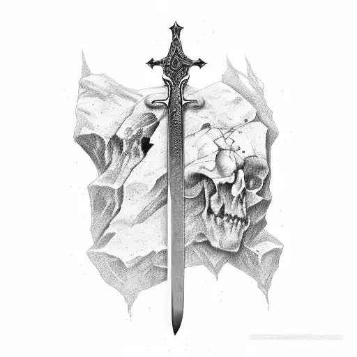 Sword In Rock With Skuuls An Bones