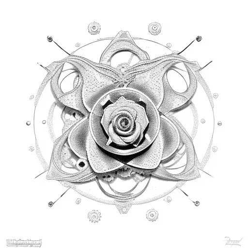 A Dotwork Tattoo Of A Mechanical Rose With Gears And Pistons