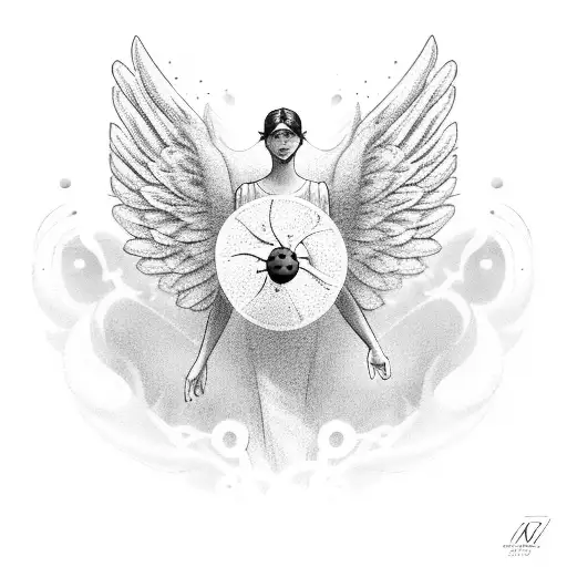 A Heavenly Scene With Angel Wings And A Ladybug Flying Towards The Sky