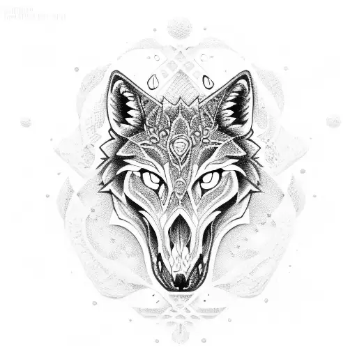 A Wolf Skull Surrounded By Intricate Dotwork Patterns