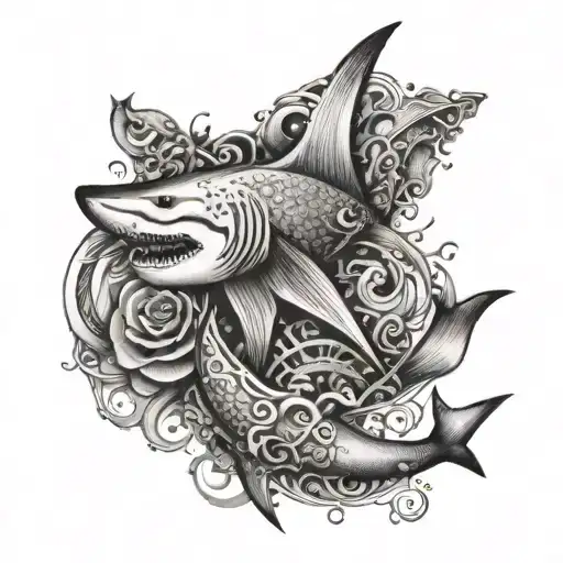 An Intricate Tattoo Featuring Religious Symbols Intertwined With Shark Fins And Waves