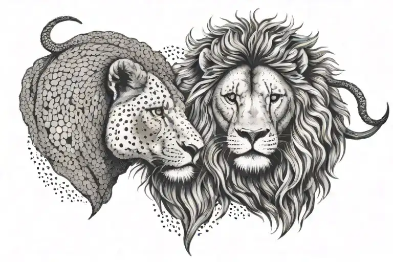 Lion And Bull Look At Each Other