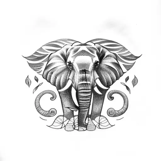 Tattoo Of An Elephant Surrounded By Monstera Leaves