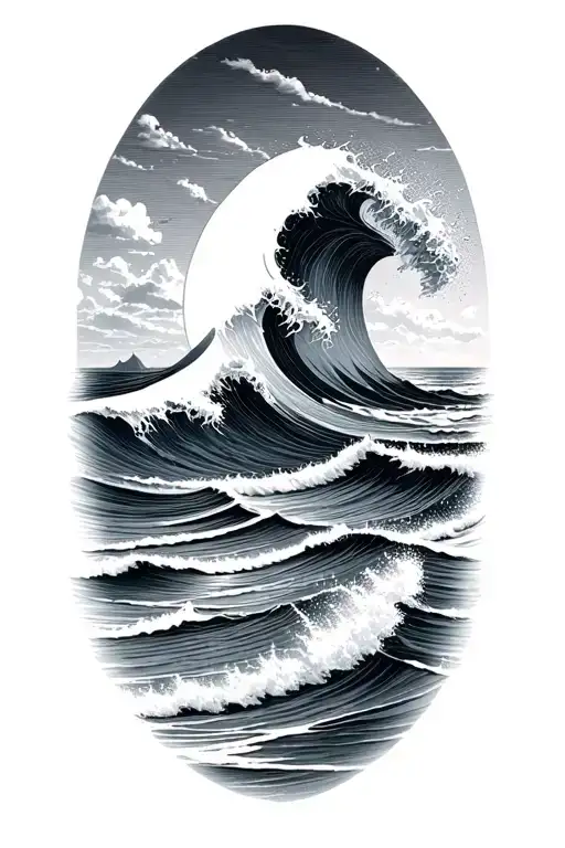 Ocean Wave Sunset Scene Merging With Greek Key Intertwined Beach Waves Below