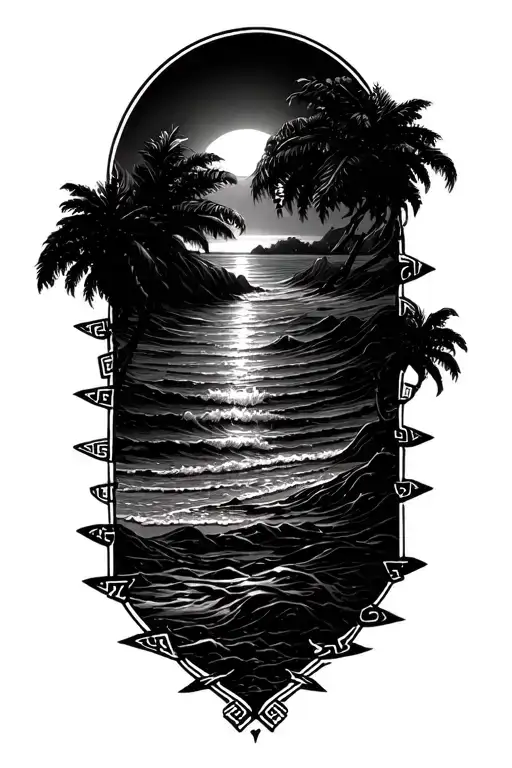 Sunset Scene Merging With Greek Key Intertwined Beach Waves Below