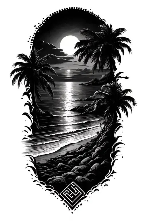 Sunset Scene Merging With Greek Key Intertwined Beach Waves Below