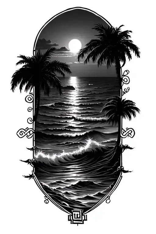 Sunset Scene Merging With Greek Key Intertwined Beach Waves Below