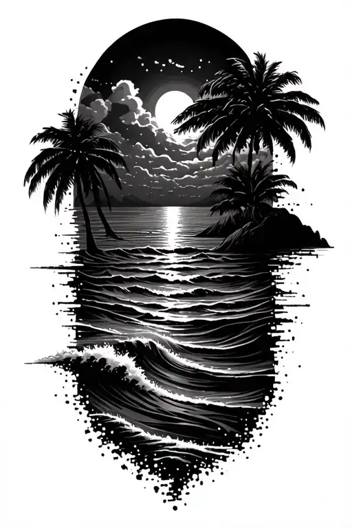 Sunset Scene Merging With Greek Key Intertwined Beach Waves Below