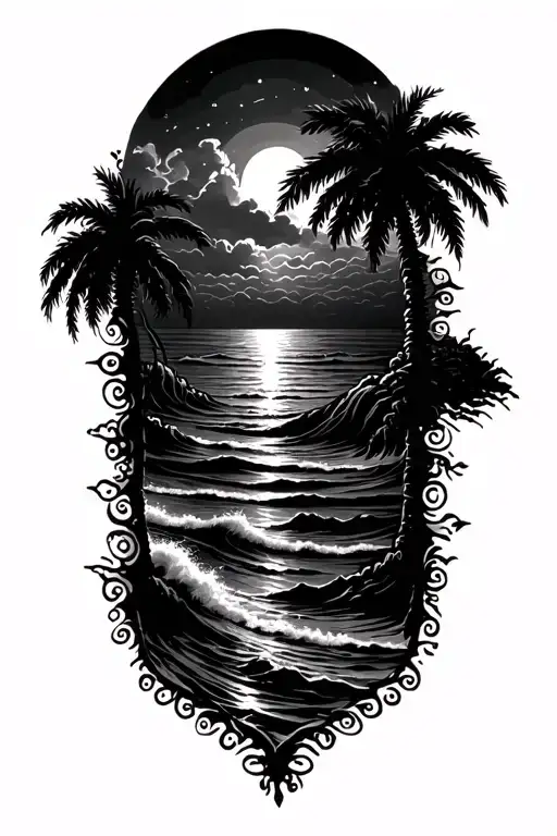 Sunset Scene Merging With Greek Key Intertwined Beach Waves Below