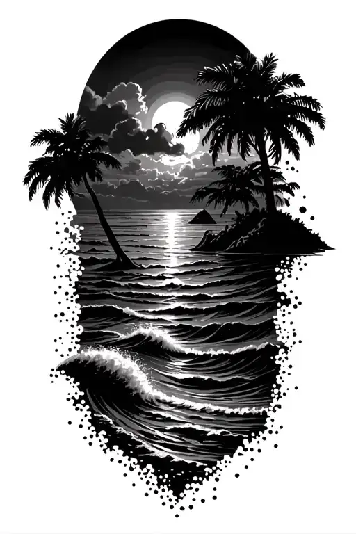 Sunset Scene Merging With Greek Key Intertwined Beach Waves Below