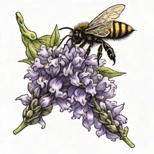 A Stem Of Lavender Plant With A Honey Bee Flying