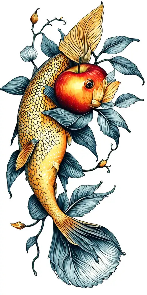Golden Fish And Flowers Apple And Willow Vine